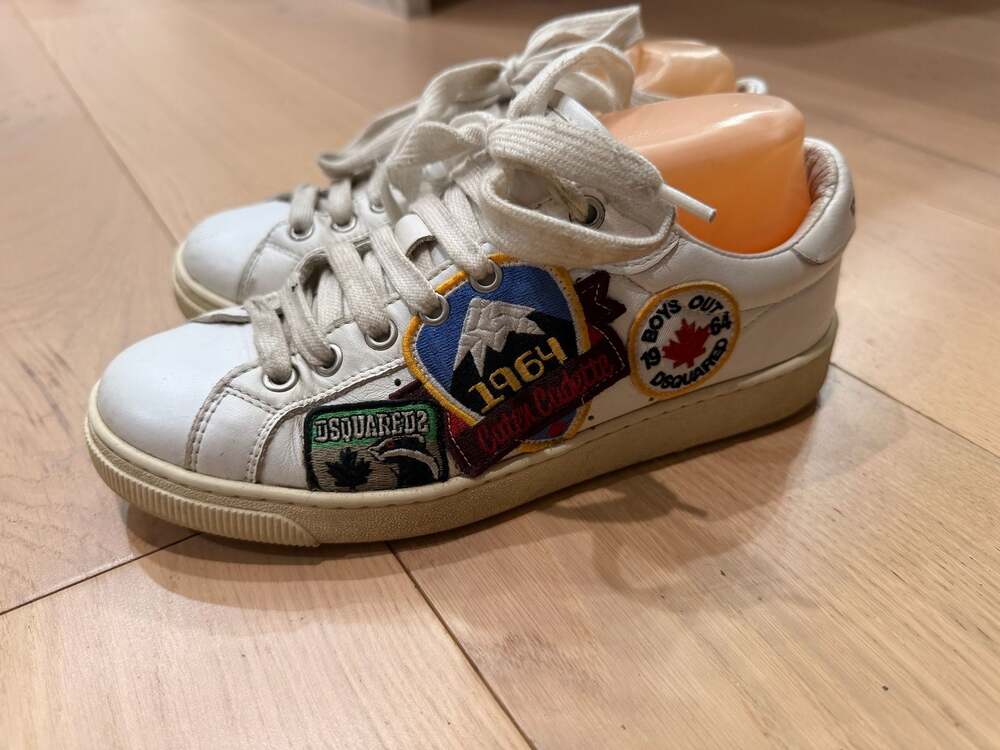 Dsquared2 White Leather Embroidered Patch Work Lace Up Sneakers